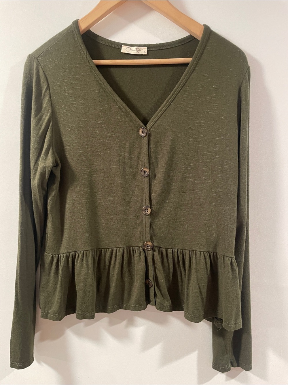 Olive Green knit button up peplum light weight long sleeve top size XL